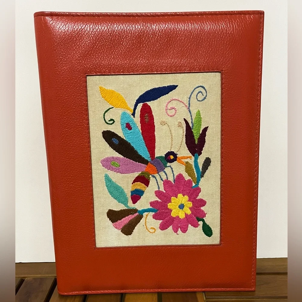 Leather Dragonfly Floral Embroidered Folder OOAK Mexico Vintage KOOK Artesanos